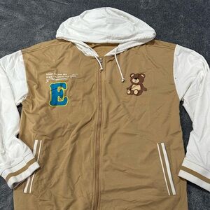 Tan and White Hoodie with Bear Patch